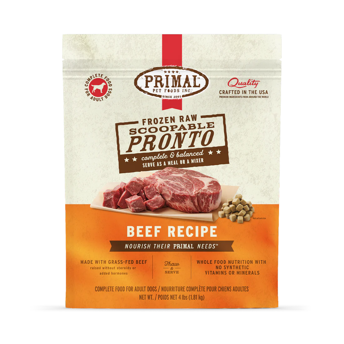Alimento crudo congelado para perros Primal Pronto, fórmula con carne de res