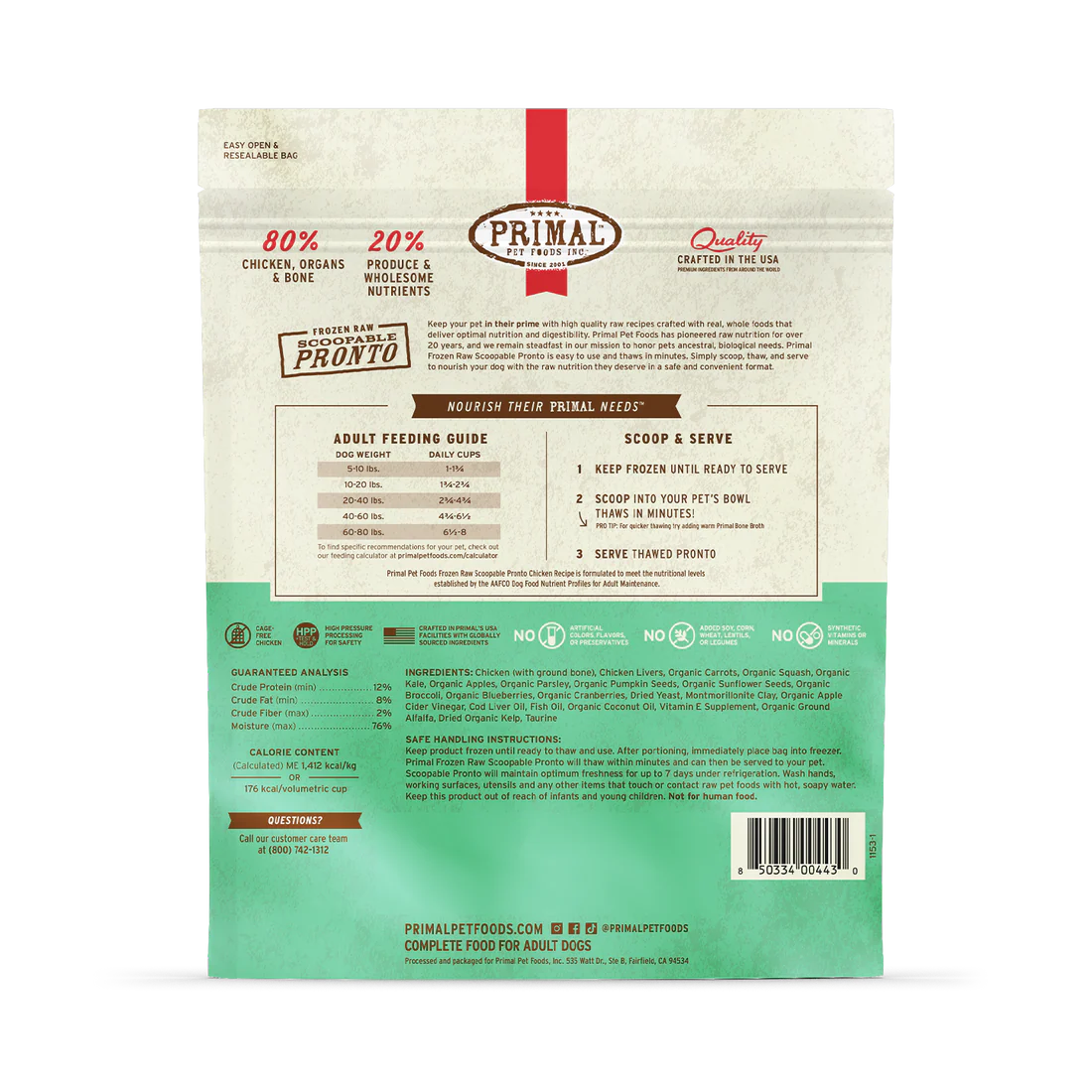 Alimento crudo congelado para perros Primal Pronto, fórmula con pollo