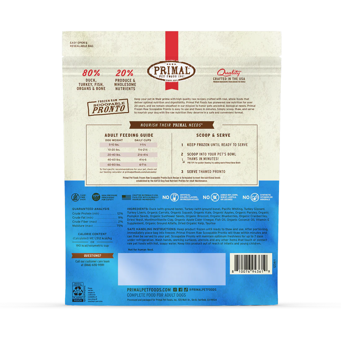 Alimento crudo congelado para perros Primal Pronto Fórmula con pato