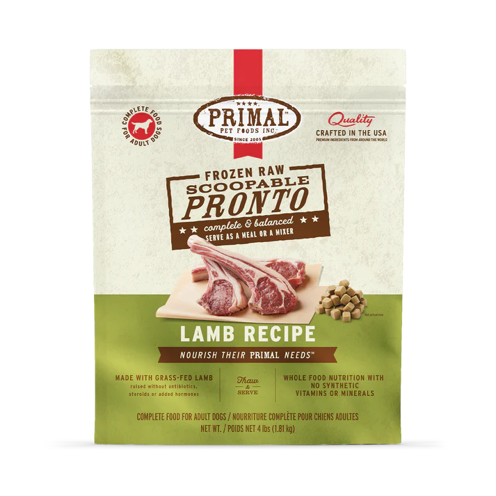 Alimento crudo congelado para perros Primal Pronto, fórmula de cordero