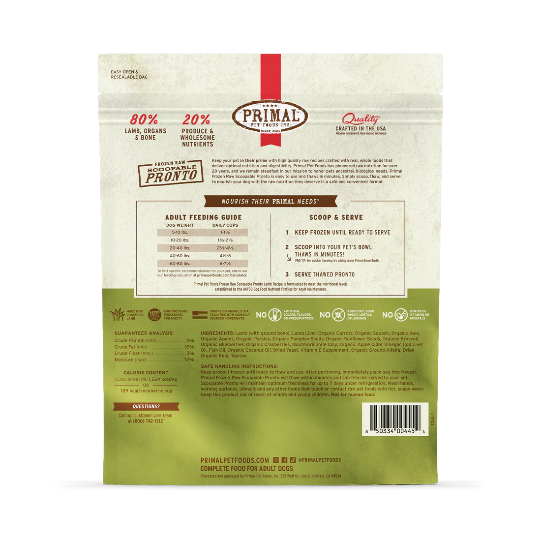 Alimento crudo congelado para perros Primal Pronto, fórmula de cordero
