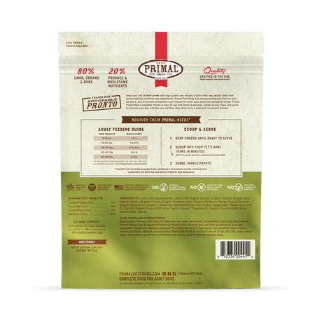 Alimento crudo congelado para perros Primal Pronto, fórmula de cordero