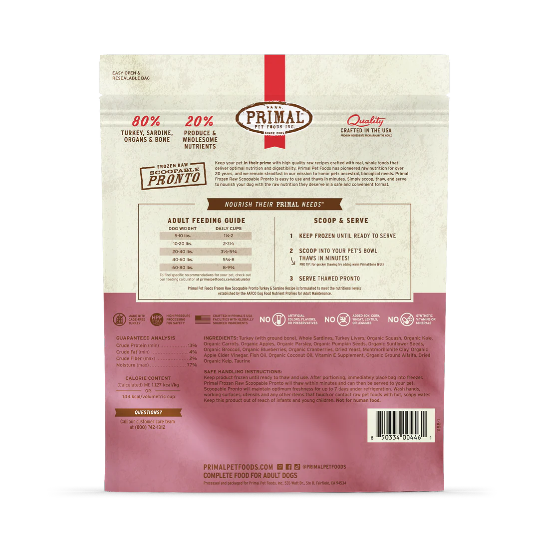 Alimento crudo congelado para perros Primal Pronto, fórmula de pavo y sardinas