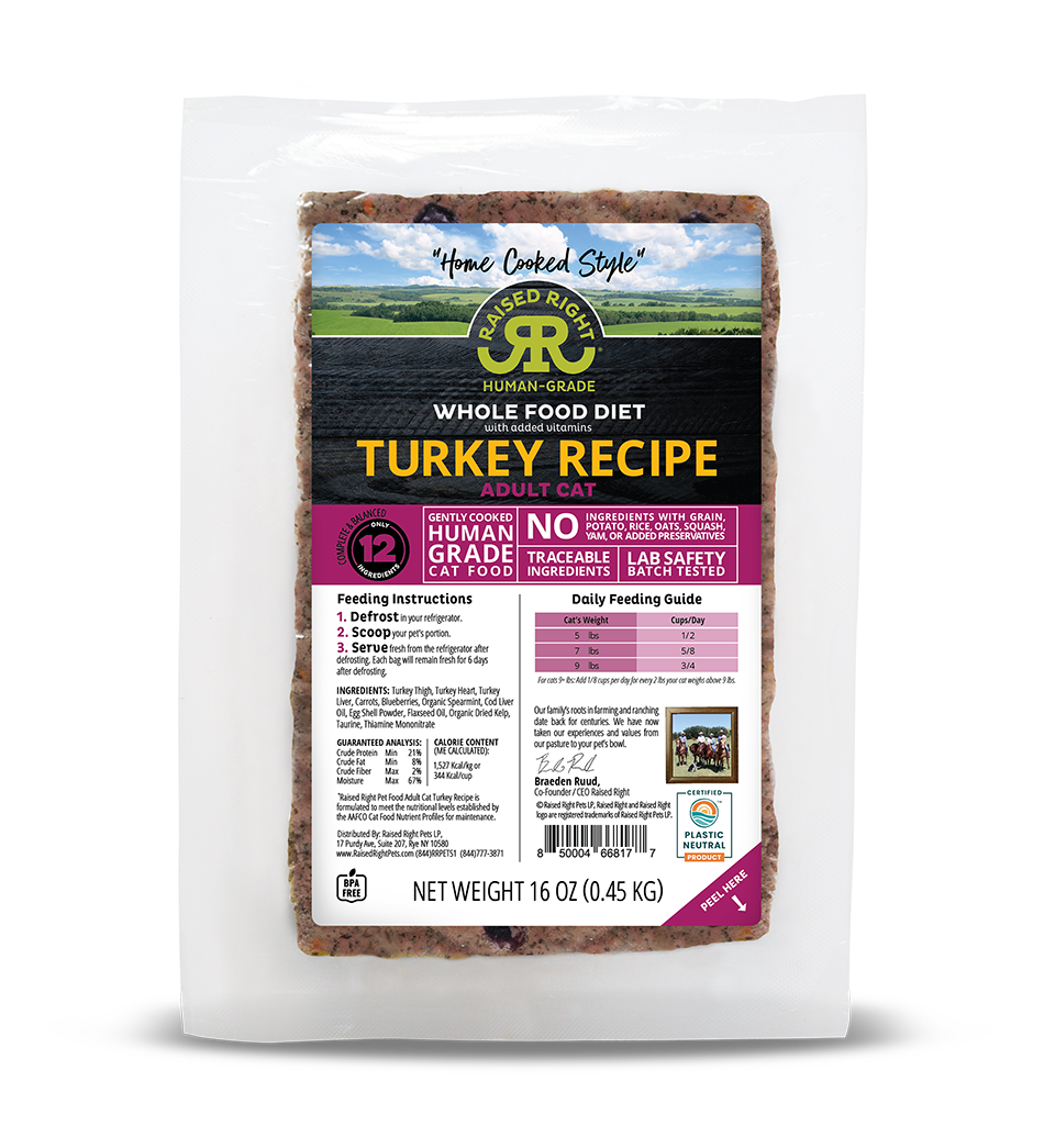 Raised Right Turkey Adult Cat Frozen Cooked Food Adult (1lb)