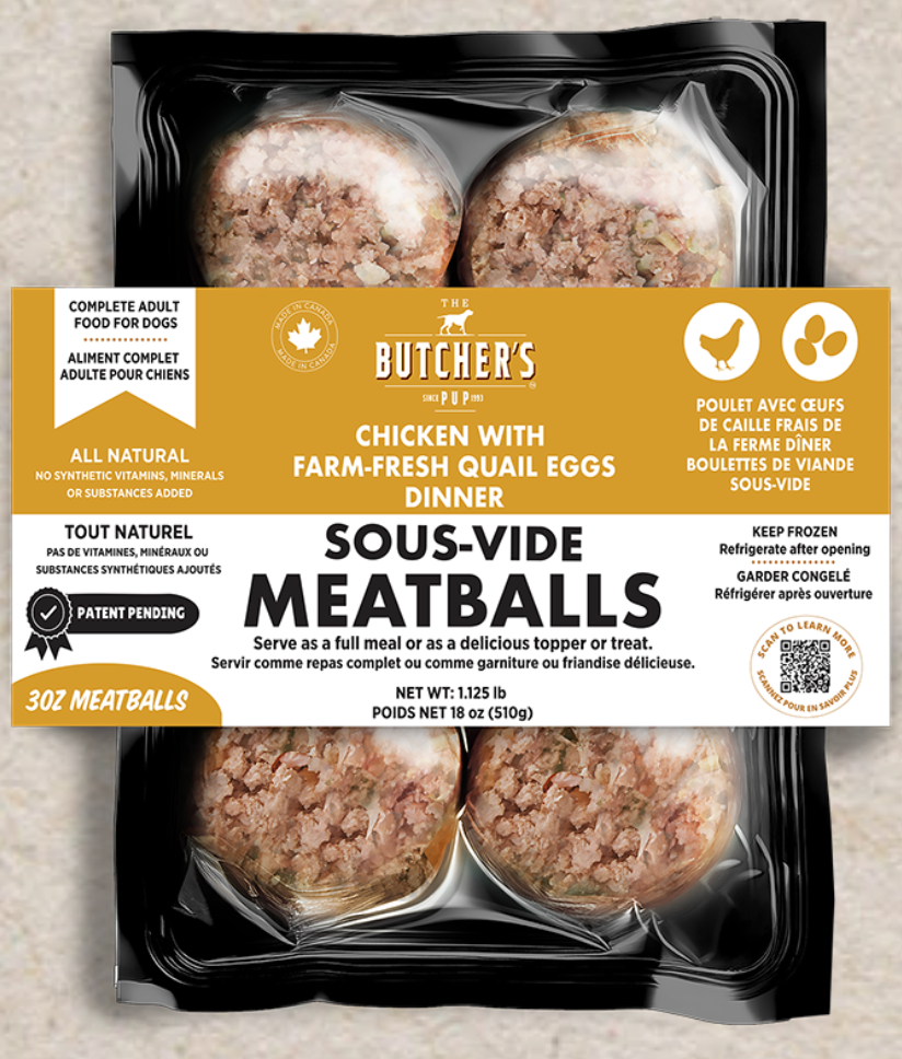 The Butcher's Pup Cooked Frozen Dog Food Chicken with Farm-Fresh Quail Eggs Dinner Sous-Vide Meatballs 18oz