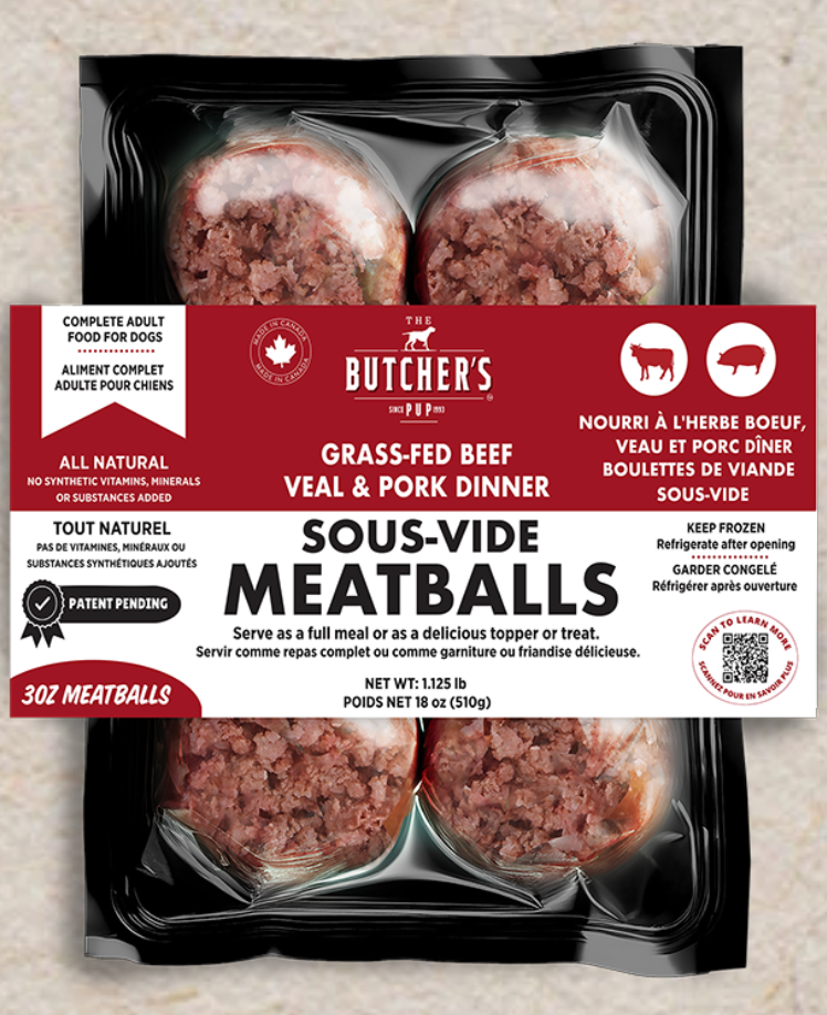 The Butcher's Pup Cooked Frozen Dog Food Grass-Fed Beef, Veal, and Pork Dinner Sous-Vide Meatballs 18oz