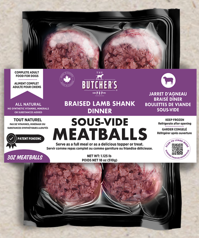 The Butcher's Pup Cooked Frozen Dog Food Braised Lamb Shank Dinner Sous-Vide Meatballs 18oz