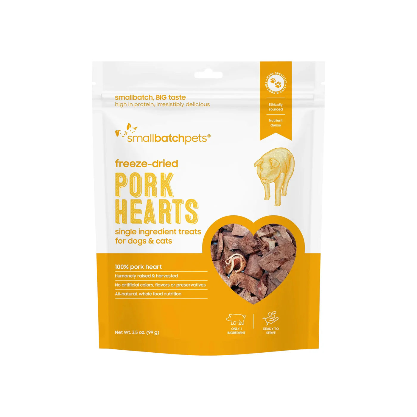 Smallbatch Pets Freeze Dried Pork Hearts Treat For Dogs & Cats (3.5oz bag)