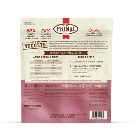 Comida cruda congelada para perros Primal en nuggets con fórmula de pavo y sardinas