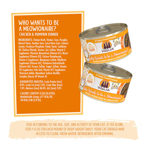 Weruva Cat Wet Food Who Wants To Be A Meowinaire? Chicken & Pumpkin In Hydrating Puree 3oz