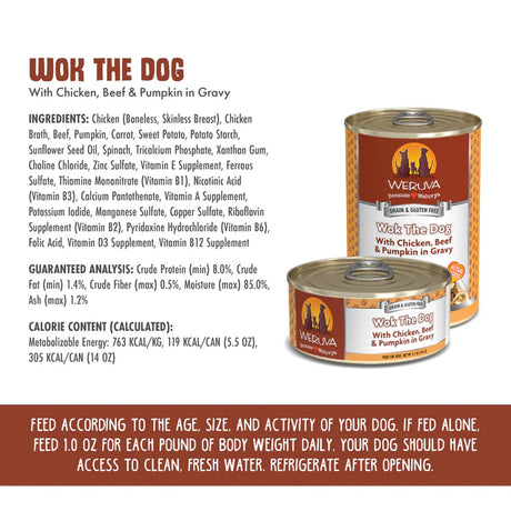 Wok clásico para perros Weruva Dog Pollo, ternera y calabaza en salsa, 14 oz