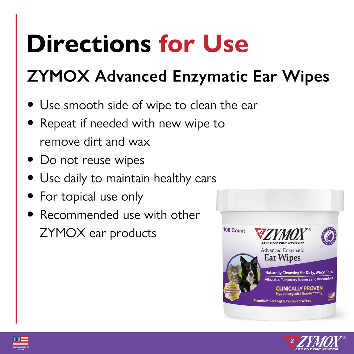 Zymox Advanced Enzymatic Ear Wipes for Dogs & Cats (100 count)