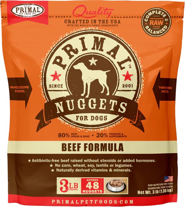 Primal Raw Frozen Dog Food Nuggets Beef Formula