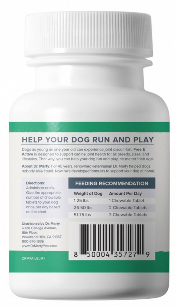 Dr Marty Free & Active Canine Hip & Joint Support 30 Chewable Tablets