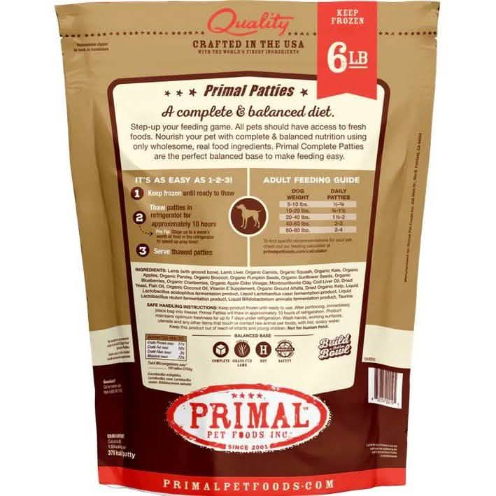 Primal Raw Frozen Dog Food Patties Lamb Formula