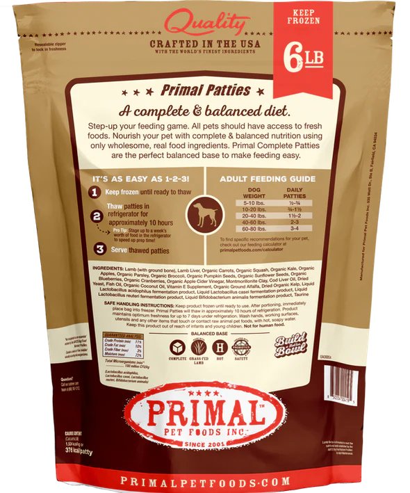 Primal Raw Frozen Dog Food Patties Lamb Formula