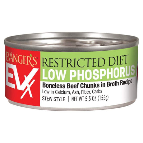 Evanger's Wet Cat Food EVX Restricted Diet Low Phosphorus Boneless Beef Chunks in Broth Recipe