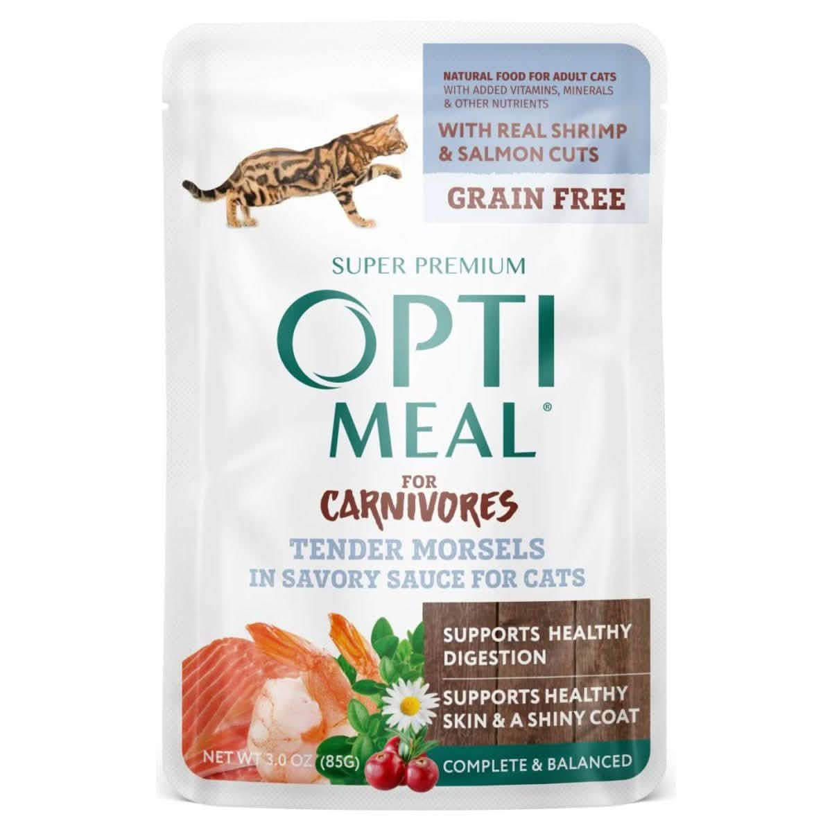 Opti Meal Wet Cat Food for Carnivores Tender Morsels in Savory Sauce with Real Shrimp & Salmon Cuts