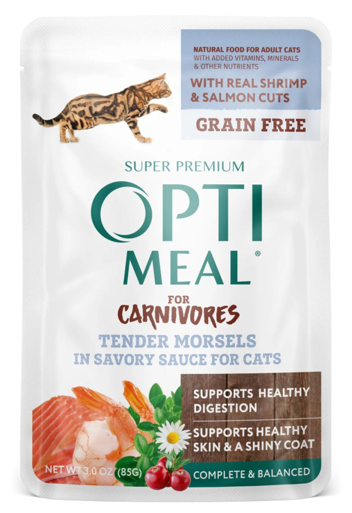 Opti Meal Wet Cat Food for Carnivores Tender Morsels in Savory Sauce with Real Shrimp & Salmon Cuts