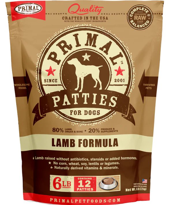 Primal Raw Frozen Dog Food Patties Lamb Formula