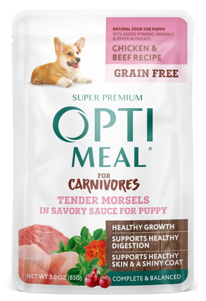 Opti Meal Wet Dog Food for Carnivores Tender Morsels in Savory Sauce Chicken & Beef Recipe for Puppies