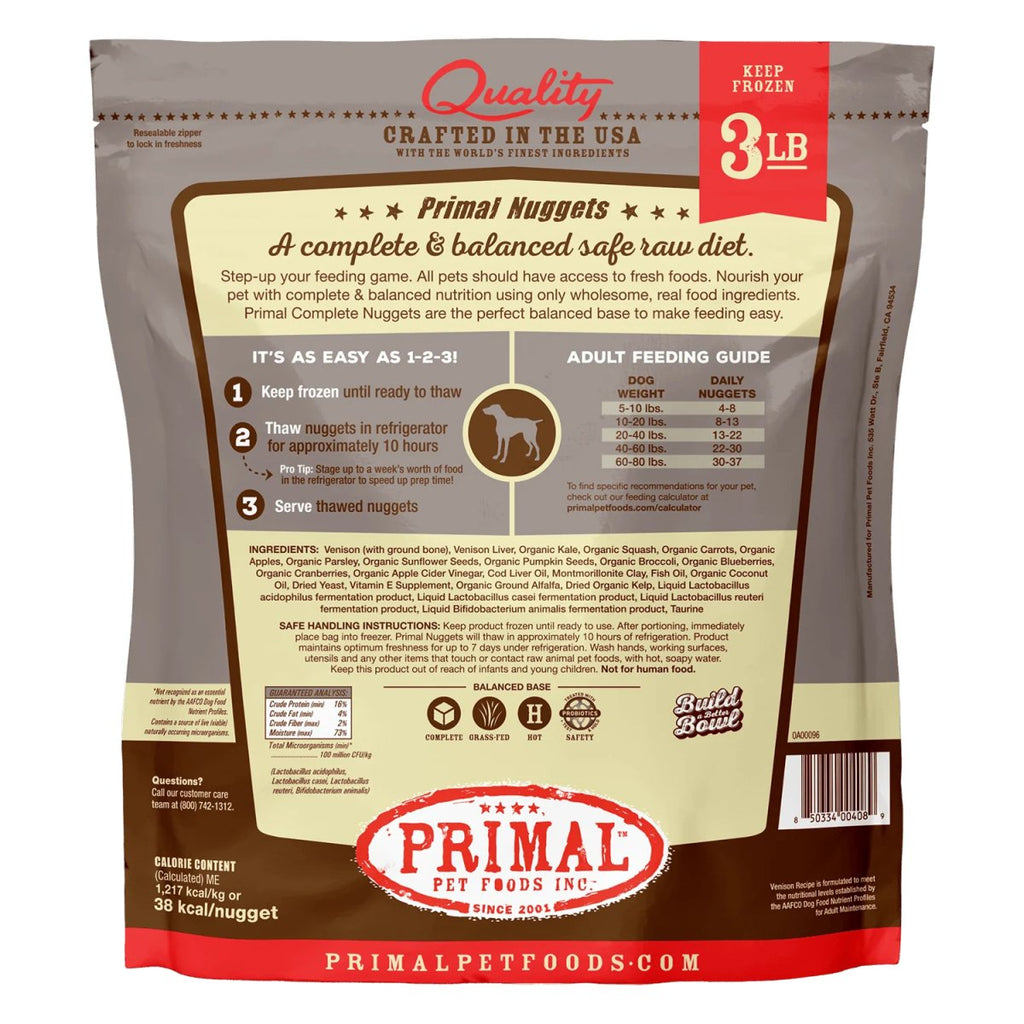 Primal Raw Frozen Dog Food Nuggets Venison Formula