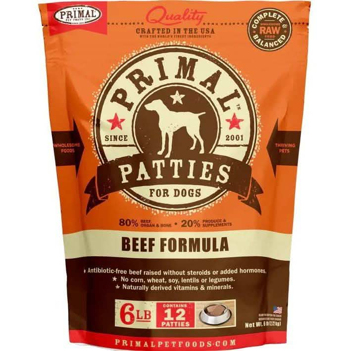 Primal Raw Frozen Dog Food Patties Beef Formula