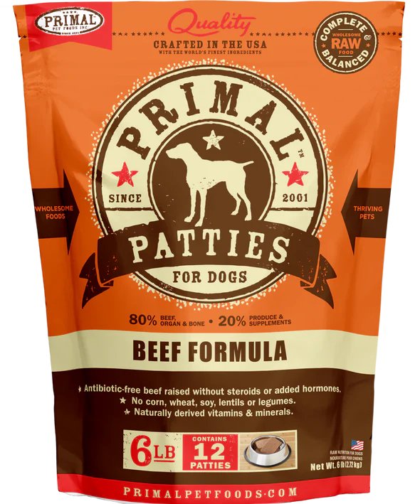 Primal Raw Frozen Dog Food Patties Beef Formula