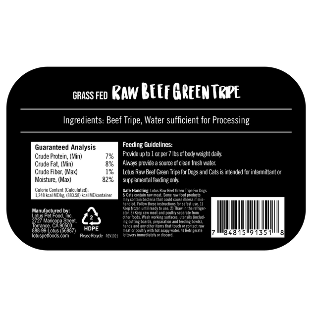 Lotus Raw Frozen Topper Dog  & Cat Grass Fed Beef Tripe 25oz