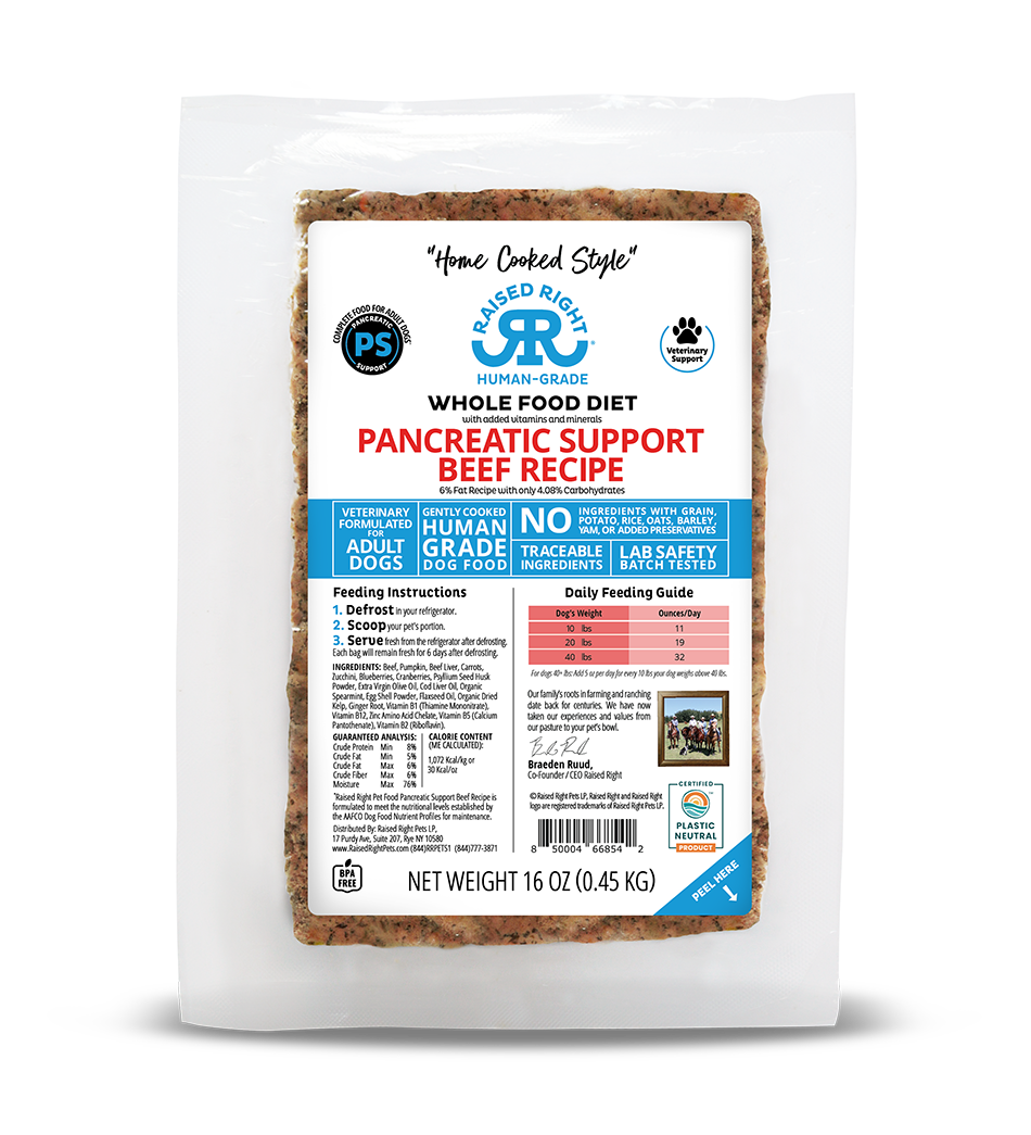 Raised Right Cooked Frozen Dog Food  Adult Pancreatic Support Beef Recipe 1lb