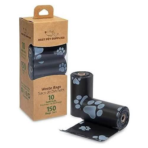 Best Pet Supplies Waste Bags - 10 15 Count Rolls (150 Bags) Black with White Paws