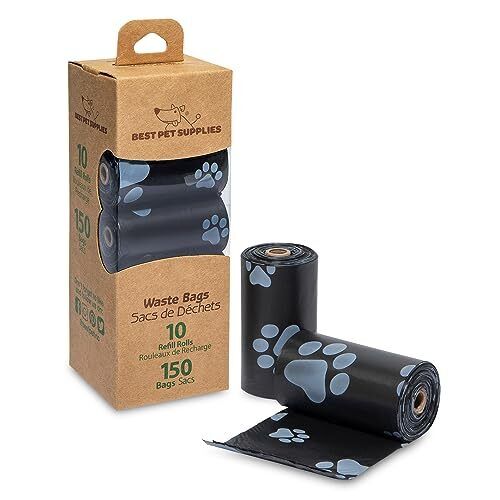 Best Pet Supplies Waste Bags - 10 15 Count Rolls (150 Bags) Black with White Paws