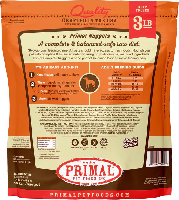 Primal Raw Frozen Dog Food Nuggets Beef Formula