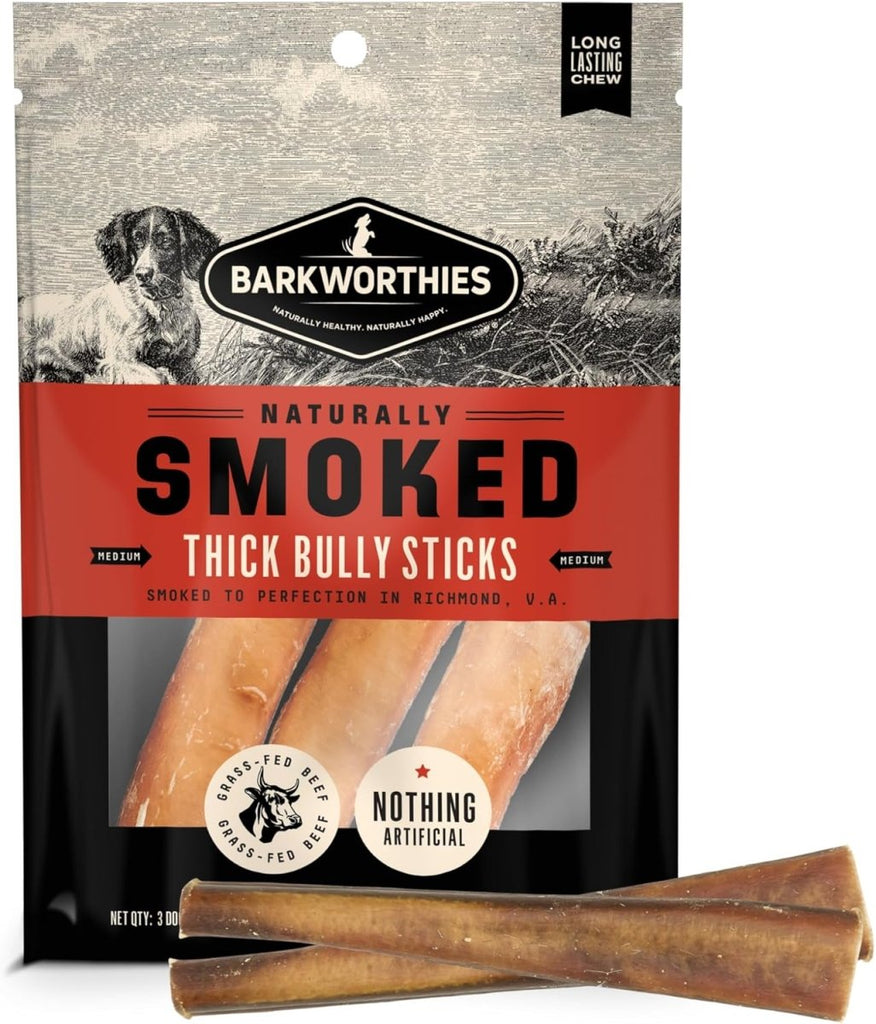 Barkworthies Dog Treat Naturally Smoked Thick Bully Sticks (3 Pack)