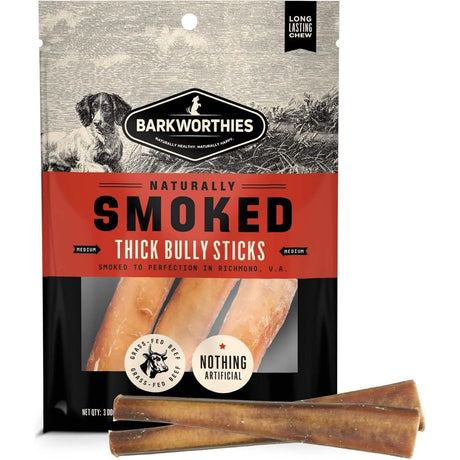 Barkworthies Dog Treat Naturally Smoked Thick Bully Sticks (3 Pack)