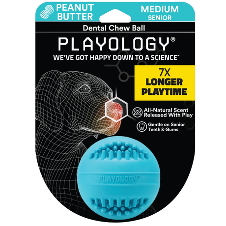 Playology Dog Toy Dental Chew Ball for Seniors - Peanut Butter Scent