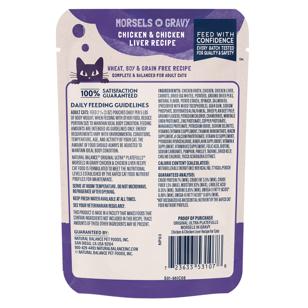 Natural Balance Wet Cat Food Pouch Original Ultra Platefulls Morsels in Gravy Chicken & Chicken Liver Recipe