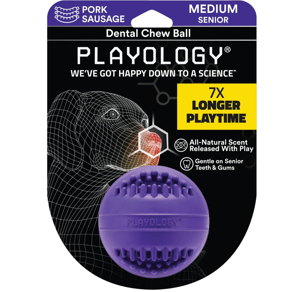 Playology Dog Toy Dental Chew Ball for Seniors - Pork Sausage Scent