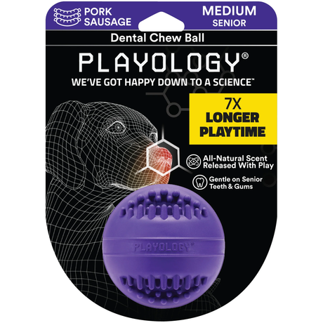 Playology Dog Toy Dental Chew Ball for Seniors - Pork Sausage Scent