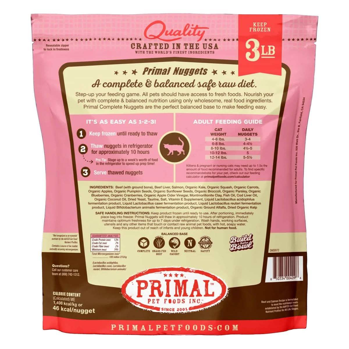 Primal Raw Frozen Cat Food Nuggets Beef & Salmon Formula