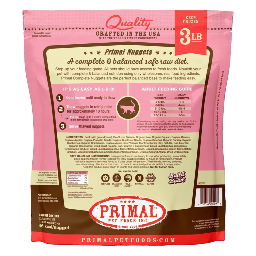 Primal Raw Frozen Cat Food Nuggets Beef & Salmon Formula