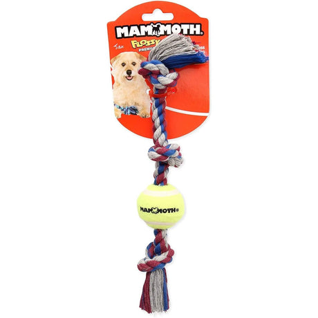 Mammoth Dog Toy Flossy Chews 3 Knot Tug Rope with Tennis Ball - Assorted Colors and Sizes