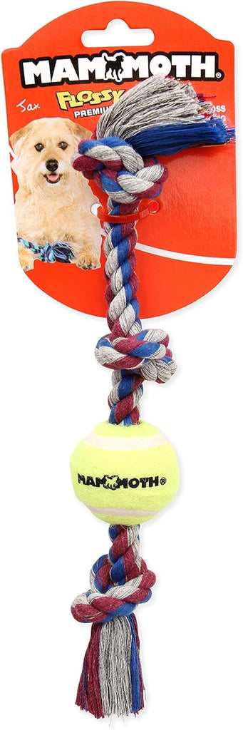 Mammoth Dog Toy Flossy Chews 3 Knot Tug Rope with Tennis Ball - Assorted Colors and Sizes