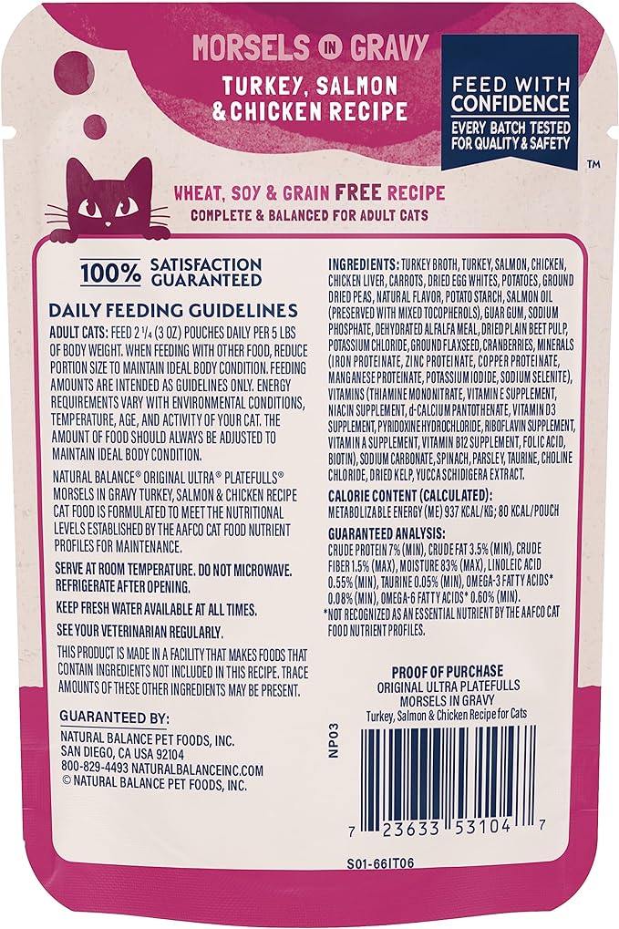 Natural Balance Wet Cat Food Pouch Original Ultra Platefulls Morsels in Gravy Turkey, Salmon & Chicken Recipe