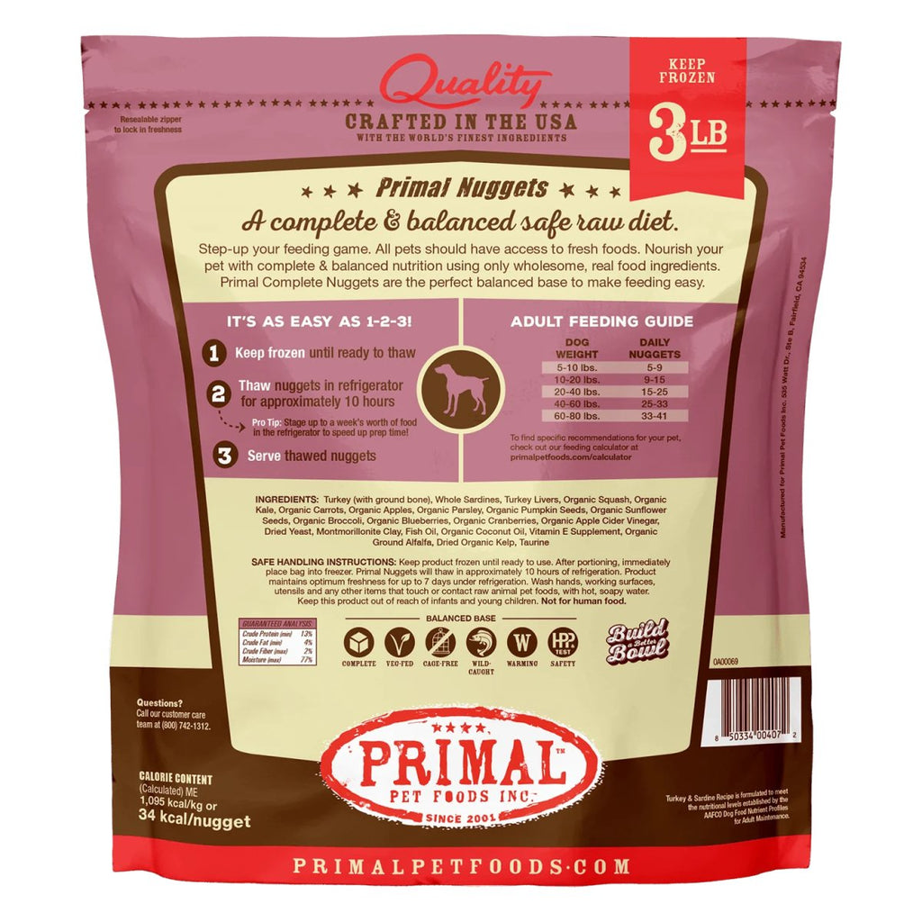 Primal Raw Frozen Dog Food Nuggets Turkey & Sardine Formula