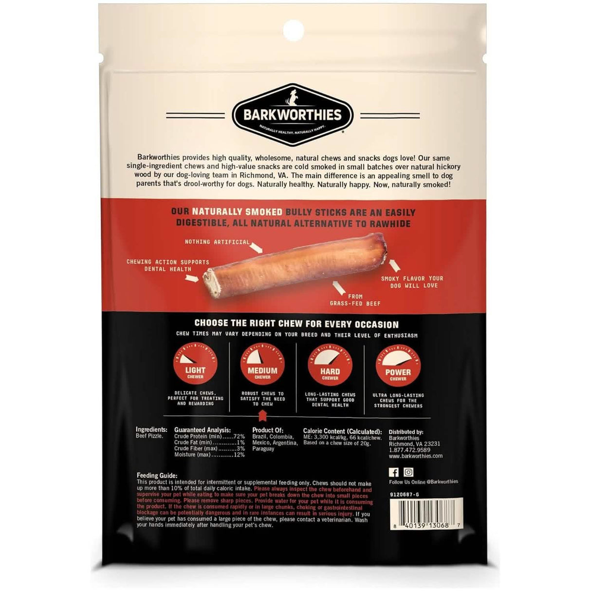 Barkworthies Dog Treat Naturally Smoked Thick Bully Sticks (3 Pack)