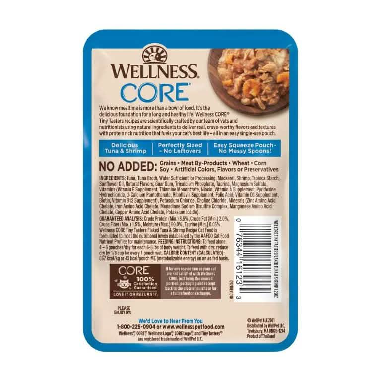 Wellness Wet Cat Food Pouch Core Tiny Tasters Flaked Tuna & Shrimp Recipe in Broth