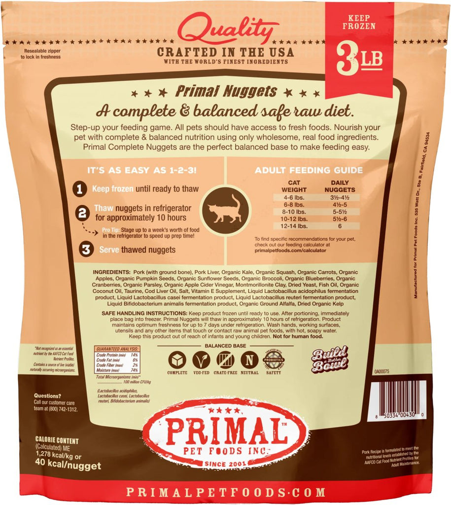 Primal Raw Frozen Cat Food Nuggets Pork Formula