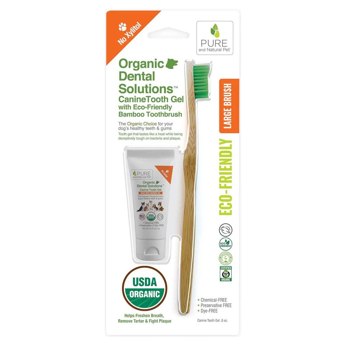 Pure & Natural Pet Eco-Friendly Organic Dental Solutions Canine Tooth Gel & Large Toothbrush Kit