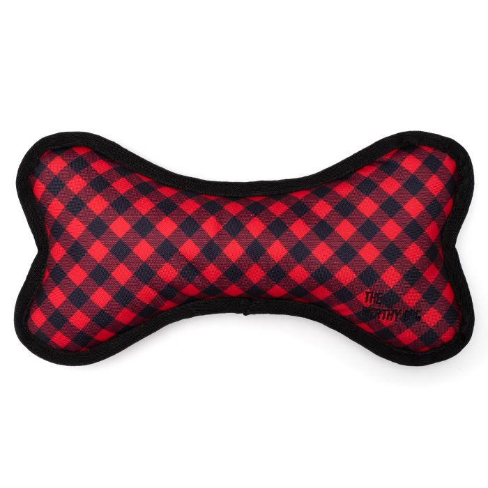 The Worthy Dog Dog Toy Bias Buffalo Plaid Bone - Red